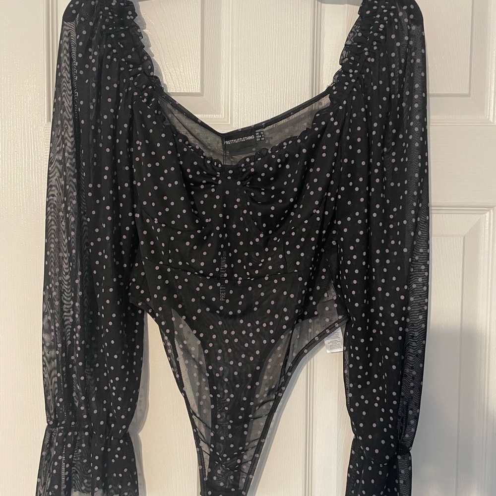 PrettyLittleThing Black Sheer Polka Dot Puff Sleeve Bodysuit